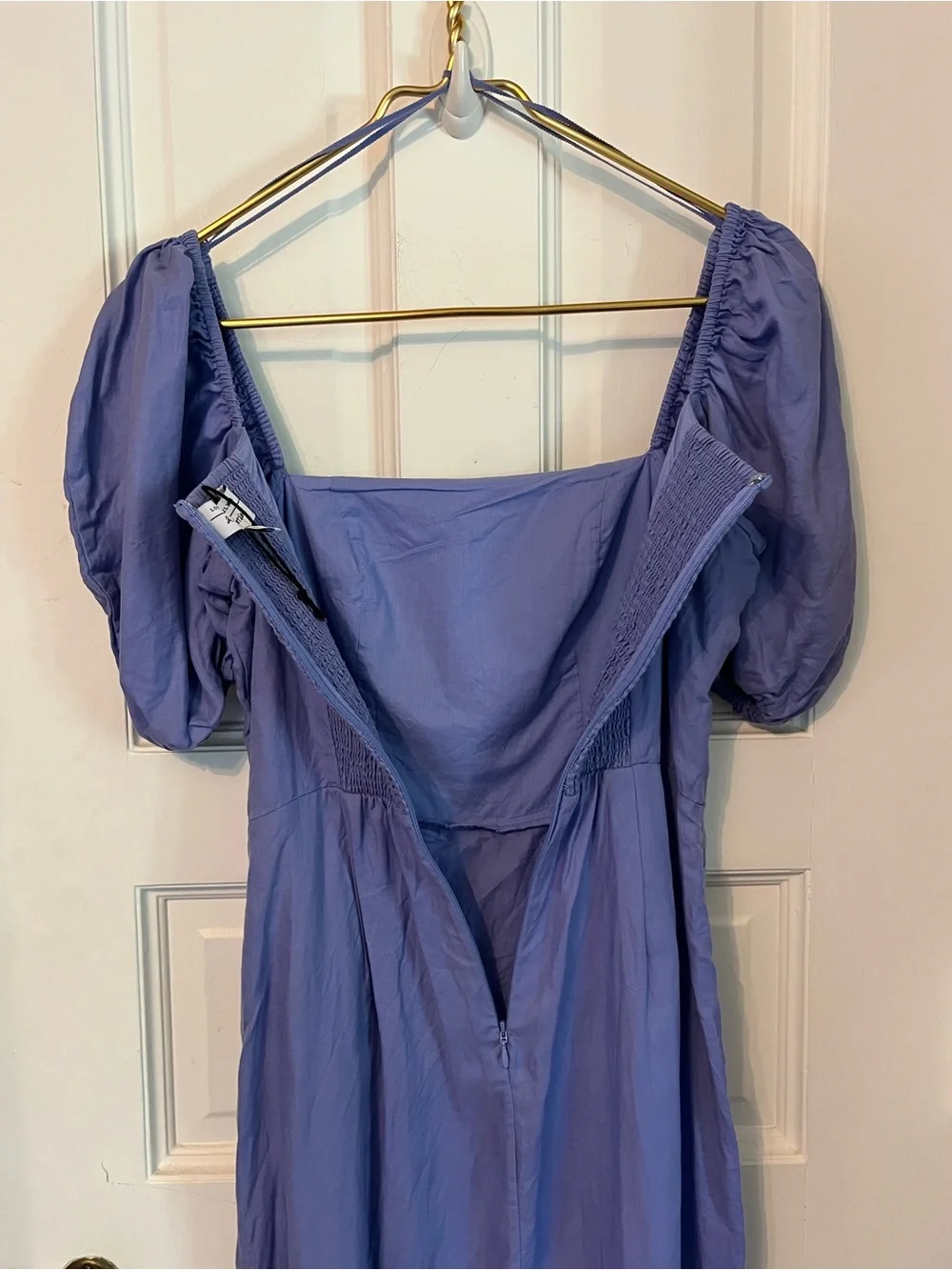 & Other Stories Fitted Asymmetric Puff Sleeve Dress. Linen. Square Neck. Midi